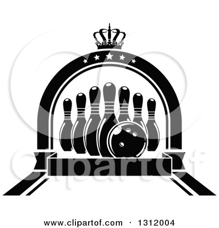 Clipart of Black and White Bowling Pins and Ball in a Star Arch with a Crown and Blank Banner - Royalty Free Vector Illustration by Vector Tradition SM