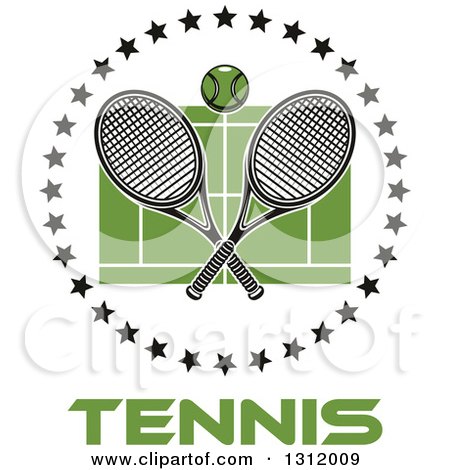 Clipart of a Tennis Ball and Crossed Rackets over a Green Court in a Circle of Black Stars over Text - Royalty Free Vector Illustration by Vector Tradition SM