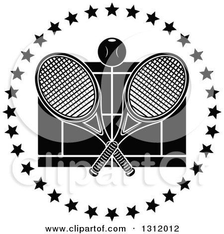 Clipart of a Black and White Tennis Ball and Crossed Rackets over a Court in a Circle of Stars - Royalty Free Vector Illustration by Vector Tradition SM