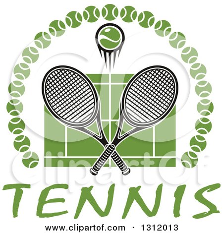 Clipart of a Tennis Ball and Crossed Rackets over a Green Court in an Arch of Balls over Text - Royalty Free Vector Illustration by Vector Tradition SM