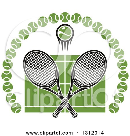 Clipart of a Tennis Ball and Crossed Rackets over a Green Court in an Arch of Balls - Royalty Free Vector Illustration by Vector Tradition SM