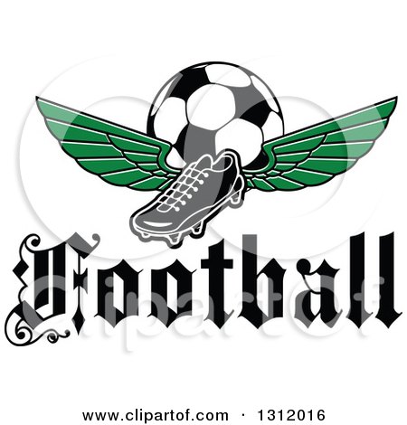 Clipart of a Black and White Soccer Cleat Shoe with Green Wings and a Ball over a Text - Royalty Free Vector Illustration by Vector Tradition SM