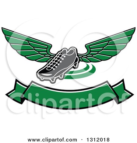 Clipart of a Black and White Soccer Cleat Shoe with Green Wings over a Blank Banner - Royalty Free Vector Illustration by Vector Tradition SM