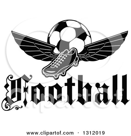 Clipart of a Black and White Soccer Cleat Shoe with Wings and a Ball over a Text - Royalty Free Vector Illustration by Vector Tradition SM