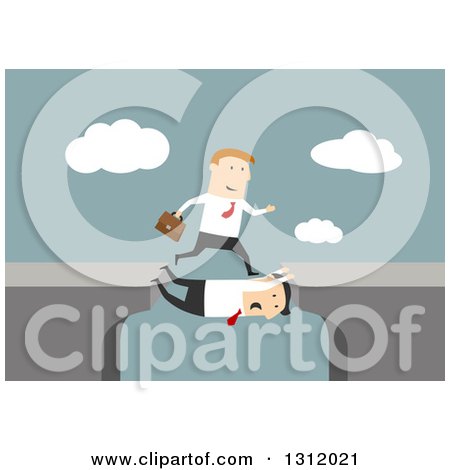 Clipart of a Flat Design White Businessman Stretching Across Cliffs to Let Another Cross, on Blue - Royalty Free Vector Illustration by Vector Tradition SM