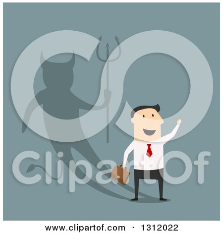Clipart of a Flat Design White Businessman with a Devil Shadow, on Blue - Royalty Free Vector Illustration by Vector Tradition SM