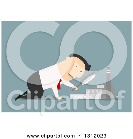Clipart of a Flat Design White Businessman Inspecting a Factory, on Blue - Royalty Free Vector Illustration by Vector Tradition SM