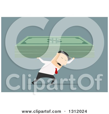 Clipart of a Flat Design White Businessman Carrying Heavy Giant Dollar Bills, on Blue - Royalty Free Vector Illustration by Vector Tradition SM
