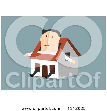 Clipart of a Flat Design White Businessman Stuck in a Tiny House, on Blue - Royalty Free Vector Illustration by Vector Tradition SM
