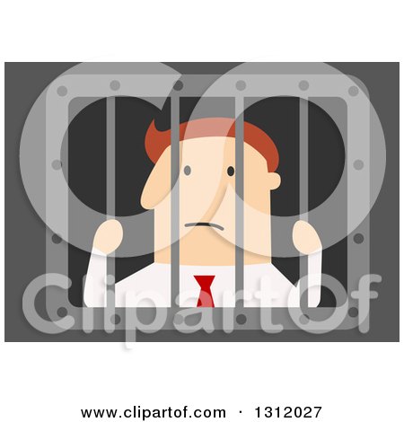 Clipart of a Flat Design White Businessman Stuck Behind Bars, on Blue - Royalty Free Vector Illustration by Vector Tradition SM