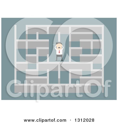 Clipart of a Flat Design White Businessman Stressing in a Maze, on Blue - Royalty Free Vector Illustration by Vector Tradition SM