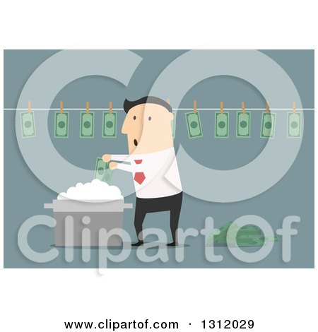 Clipart of a Flat Design White Businessman Laundering Money, on Blue - Royalty Free Vector Illustration by Vector Tradition SM