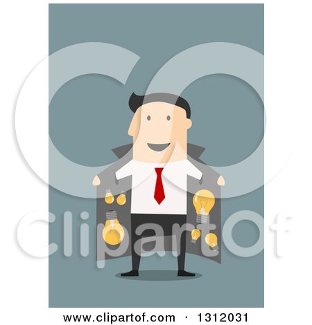 Clipart of a Flat Design White Businessman with a Coat Full of Ideas, on Blue - Royalty Free Vector Illustration by Vector Tradition SM