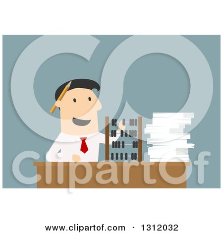 Clipart of a Flat Design White Businessman Using an Abacus, on Blue - Royalty Free Vector Illustration by Vector Tradition SM