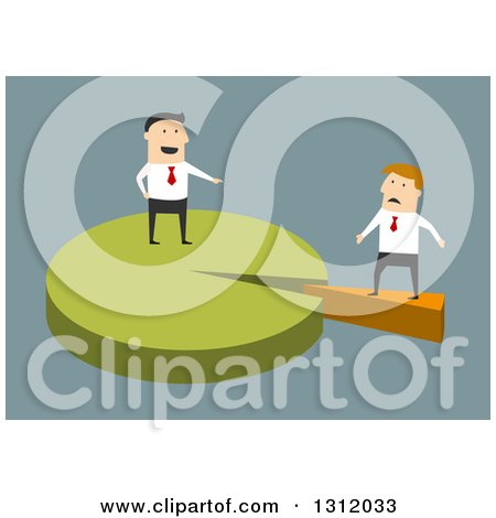 Clipart of a Flat Design White Businessman Standing on a Majority of a Pie Chart and Pointing at Someone with Small Shares, on Blue - Royalty Free Vector Illustration by Vector Tradition SM