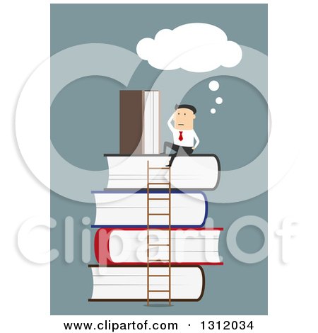 Clipart of a Flat Design White Businessman Thinking on Top of a Stack of Books with a Ladder, on Blue - Royalty Free Vector Illustration by Vector Tradition SM