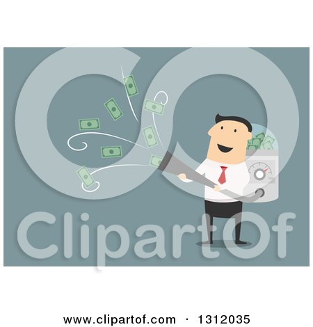Clipart of a Flat Design White Businessman Shooting Money out of a Blower, on Blue - Royalty Free Vector Illustration by Vector Tradition SM