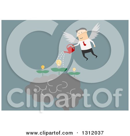 Clipart of a Flat Design White Businessman Angel Watering Creative Ideas, on Blue - Royalty Free Vector Illustration by Vector Tradition SM