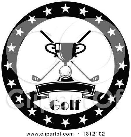 Clipart of a Black and White Golf Ball, Trophy and Crossed Clubs in a Circle of Stars with Text and a Blank Banner - Royalty Free Vector Illustration by Vector Tradition SM