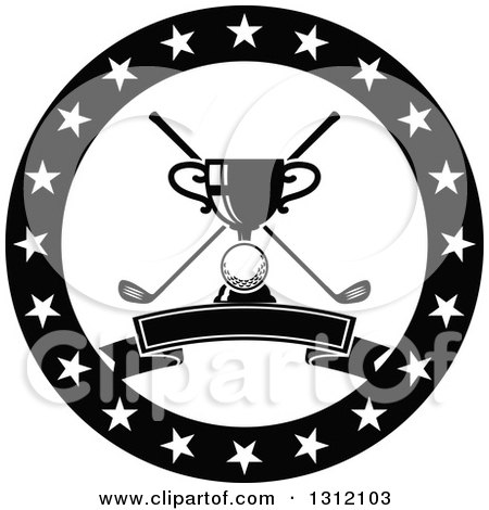 Clipart of a Black and White Golf Ball, Trophy and Crossed Clubs in a Circle of Stars with a Blank Banner - Royalty Free Vector Illustration by Vector Tradition SM
