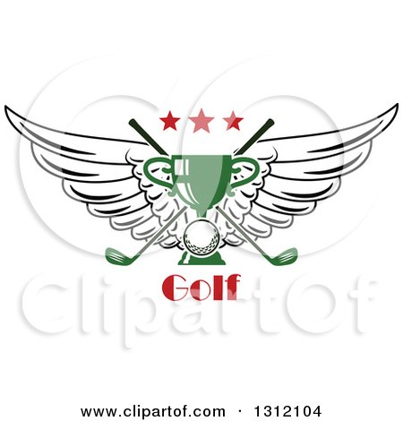Clipart of a Golf Ball, Green Trophy and Crossed Clubs with Wings and Red Stars over Text - Royalty Free Vector Illustration by Vector Tradition SM