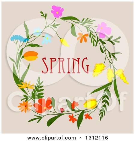 Clipart of a Wreath Made of Flowers with Spring Text on Beige 3 - Royalty Free Vector Illustration by Vector Tradition SM