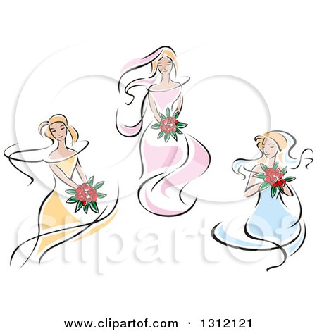 Clipart of Sketched Brides in Yellow, Pink and Blue Dresses - Royalty Free Vector Illustration by Vector Tradition SM