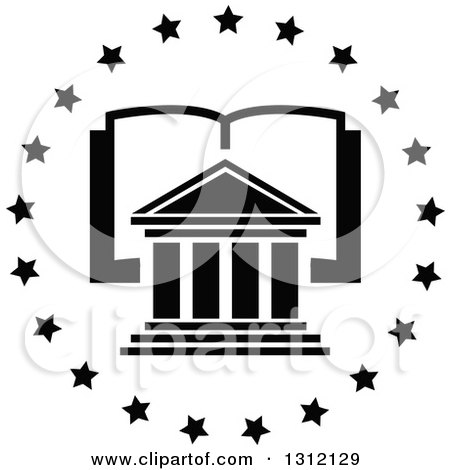 Clipart of a Black and White College and Open Book in a Circle of Stars - Royalty Free Vector Illustration by Vector Tradition SM