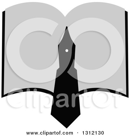 Clipart of a Black and White Fountain Pen Writing in an Open Book - Royalty Free Vector Illustration by Vector Tradition SM