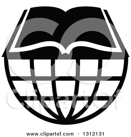 Clipart of a Black and White Open Book on a Wire Globe - Royalty Free Vector Illustration by Vector Tradition SM