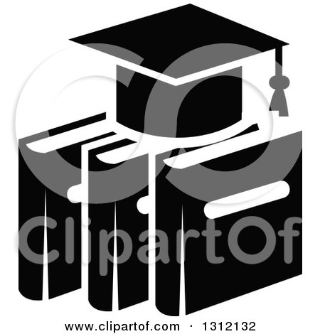 Clipart of a Black and White Graduation Cap on Books - Royalty Free Vector Illustration by Vector Tradition SM