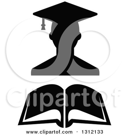 Clipart of a Black and White Graduate Wearing a Cap over an Open Book - Royalty Free Vector Illustration by Vector Tradition SM