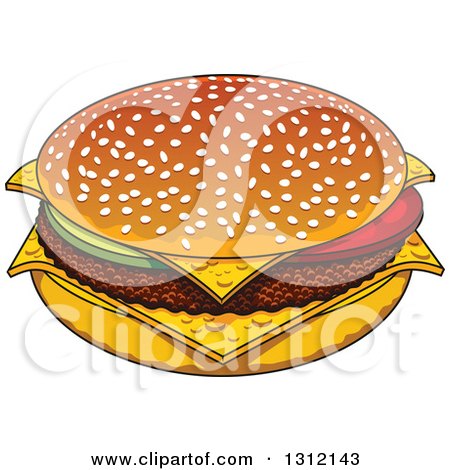 Clipart of a Cartoon Cheeseburger with a Sesame Seed Bun - Royalty Free Vector Illustration by Vector Tradition SM