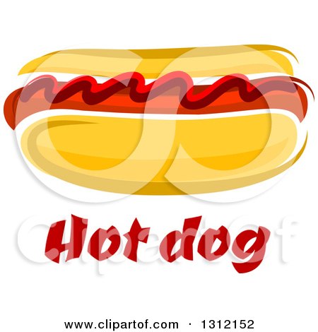 Clipart of a Cartoon Hot Dog with Ketchup over Text - Royalty Free Vector Illustration by Vector Tradition SM