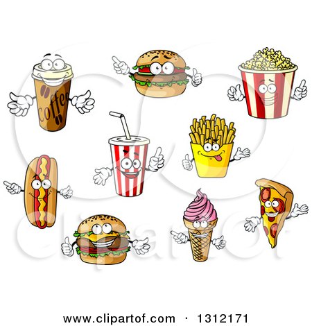 Clipart of Cartoon Takeout Coffee, Hamburger, Popcorn, Soda, Hot Dog, Cheeseburger, Ice Cream Cone, French Fries and Pizza Characters - Royalty Free Vector Illustration by Vector Tradition SM
