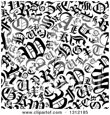 Clipart of a Seamless Background Pattern of Black and White Old English Alphabet Letters - Royalty Free Vector Illustration by Vector Tradition SM