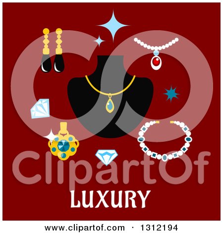 Clipart of a Luxury Flat Design of Gems and Jewelery on Red - Royalty Free Vector Illustration by Vector Tradition SM
