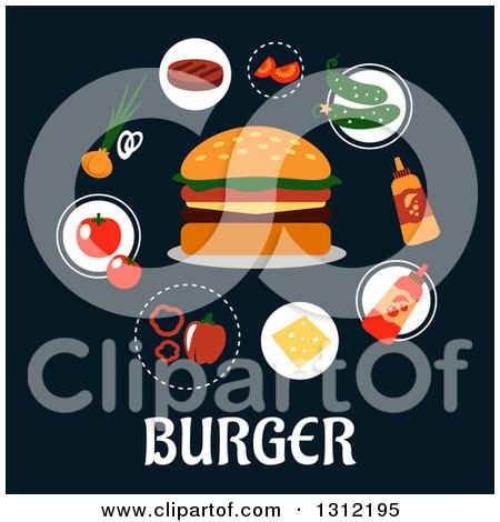 Clipart of a Flat Design of a Cheeseburger with Condiments and Ingredients over Text on Dark Blue - Royalty Free Vector Illustration by Vector Tradition SM