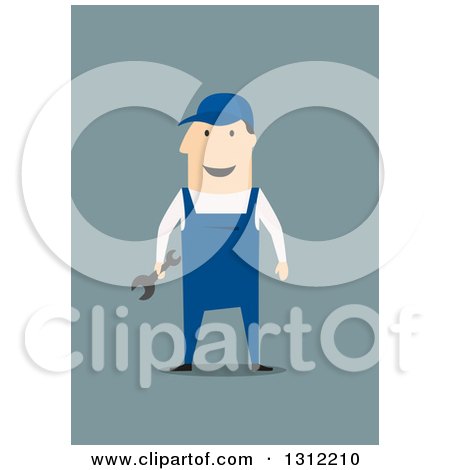 Clipart of a Flat Design of a Happy White Mechanic Holding a Wrench, on Blue - Royalty Free Vector Illustration by Vector Tradition SM