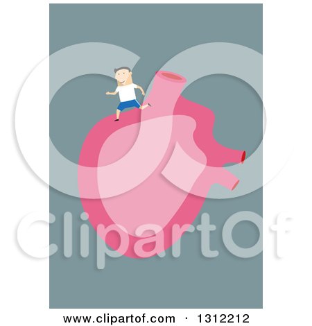 Clipart of a Flat Design of a White Man Running on a Human Heart, on Blue - Royalty Free Vector Illustration by Vector Tradition SM