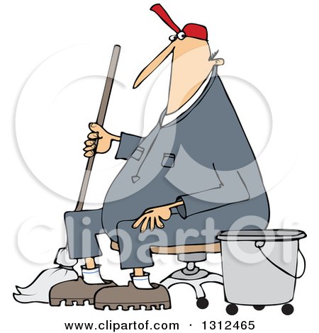 Clipart of a Cartoon White Male Custodian Janitor Taking a Break and Sitting in a Chair with a Mop and Bucket - Royalty Free Vector Illustration by djart