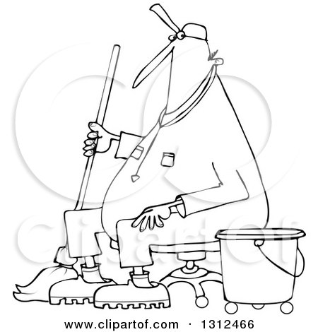 Lineart Clipart of a Cartoon Black and White Male Custodian Janitor Taking a Break and Sitting in a Chair with a Mop and Bucket - Royalty Free Outline Vector Illustration by djart