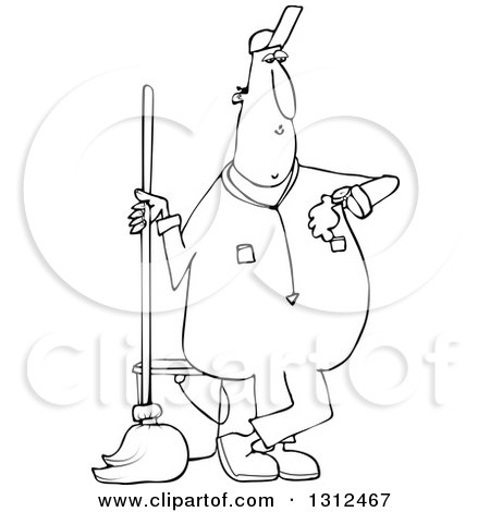Lineart Clipart of a Cartoon Black and White Male Custodian Janitor Checking His Watch and Standing with a Mop and Bucket - Royalty Free Outline Vector Illustration by djart
