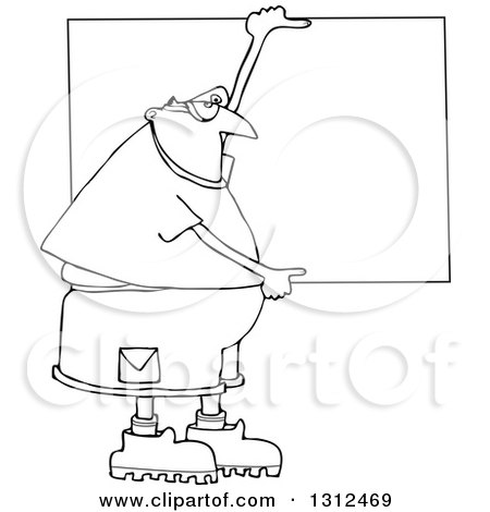 Lineart Clipart of a Cartoon Black and White Chubby Man Wearing Safety Goggles and Holding up a Blank Sign - Royalty Free Outline Vector Illustration by djart