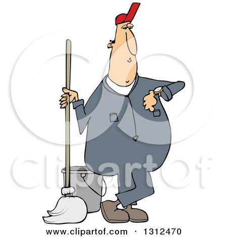 Clipart of a Cartoon White Male Custodian Janitor Checking His Watch and Standing with a Mop and Bucket - Royalty Free Vector Illustration by djart