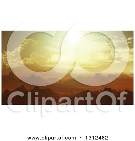 Clipart of a 3d Alien Planet Landscape with a Sunset Sky and Rock Formations - Royalty Free Illustration by KJ Pargeter