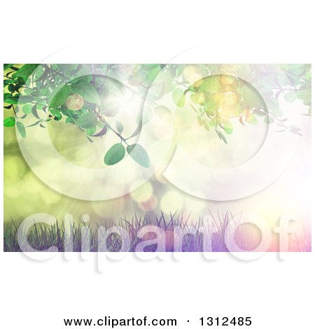 Clipart of a 3d Green Leafy Vine over Grass and a Vintage Effect Sunset with Flares - Royalty Free Illustration by KJ Pargeter