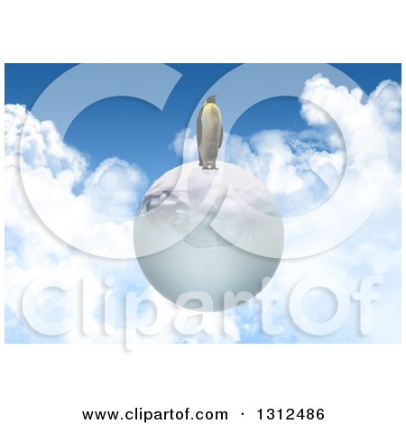 Clipart of a 3d Penguin on an Ice Globe, Floating in a Cloudy Sky - Royalty Free Illustration by KJ Pargeter