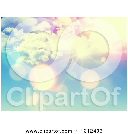 Clipart of a 3d Vintage Effect Sun Shining with Flares Through Clouds - Royalty Free Vector Illustration by KJ Pargeter