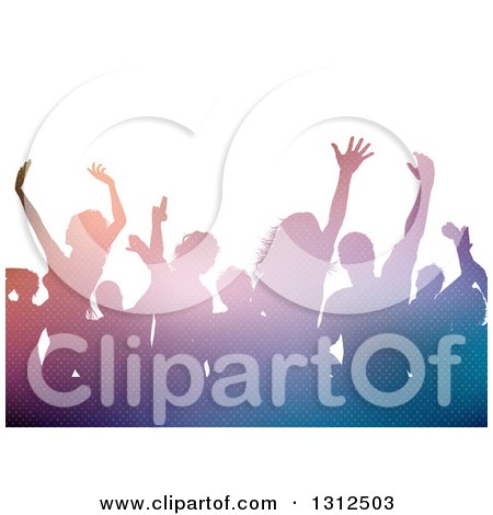 Clipart of a Group of Silhouetted Dancers in a Crowd, with Lights - Royalty Free Vector Illustration by KJ Pargeter